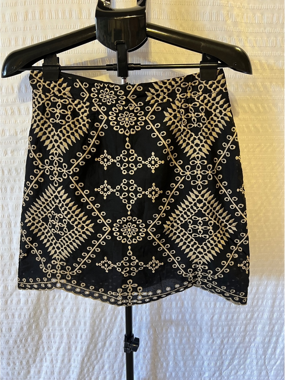 Black & Tan Embroidered Eyelet Mini Skirt Boho Festival Sz Med